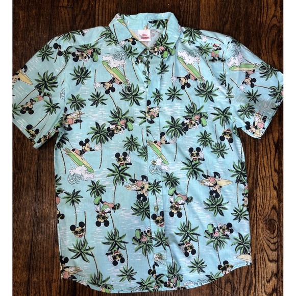🌴Disney Junior Hawaiian Shirt Kids 18/20 Mickey Mouse Surf/ Palm Tree - Picture 1 of 7